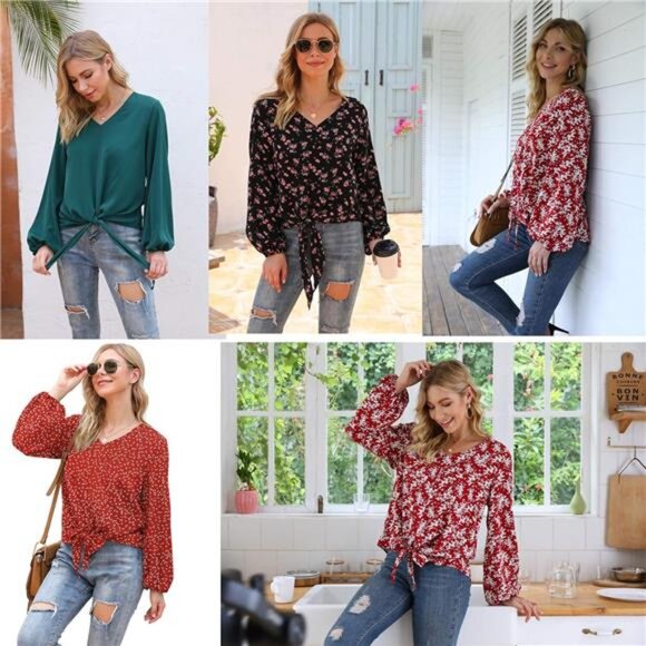 Women's Tie-Front Knot Blouse – Lantern Sleeve, Loose Fit, V-Neck Floral - Picture 5 of 6